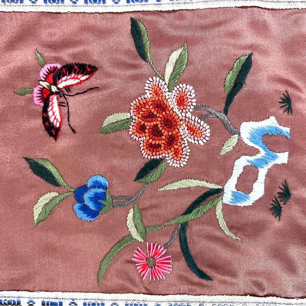 Vintage Chinese Silk Embroidered Floral Butterfly Panel
